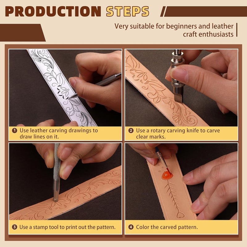 CBHGFEA Leather Crafting Kit: Leather Working Tools and Supplies for DIY Craft Beginners Stamping Dyeing Carving Sewing Edge Sealing with Video Tutorials for Earrings Wallet Keychain Wristband Bookmark - Image 3